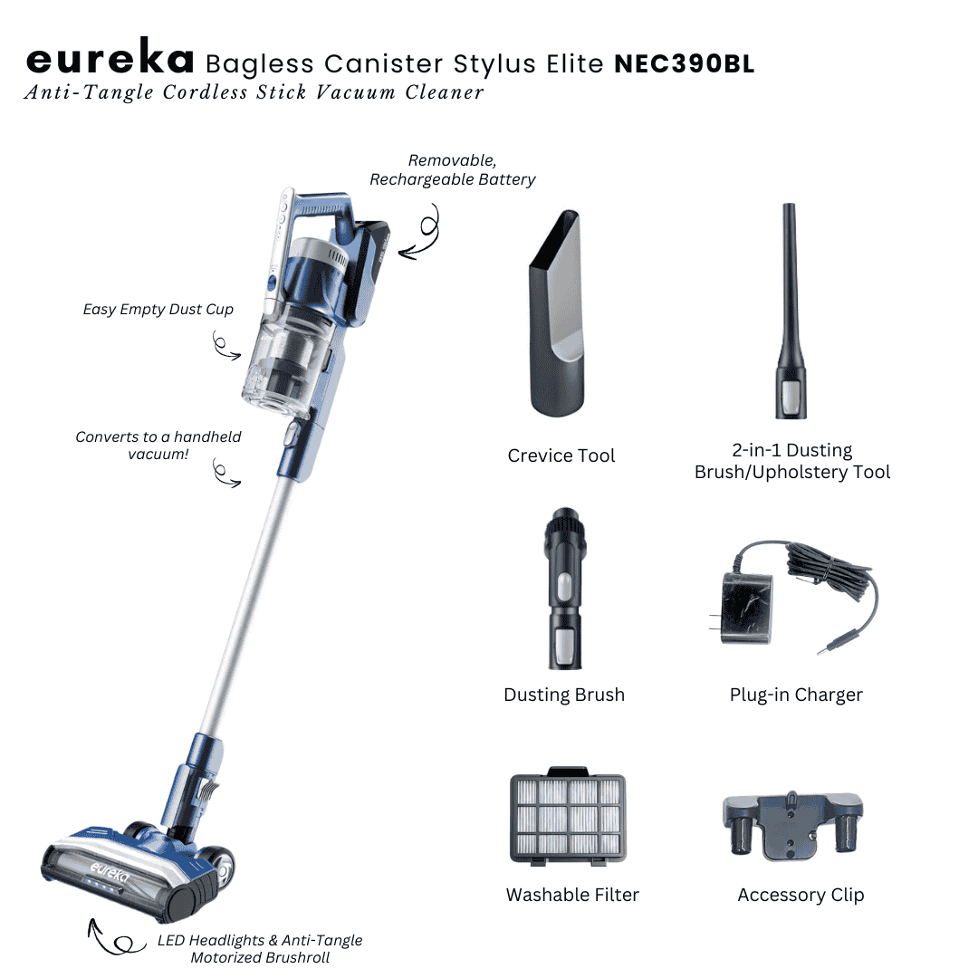 Eureka Stylus Elite Anti-Tangle Cordless Stick Vacuum Cleaner (NEC390BL)