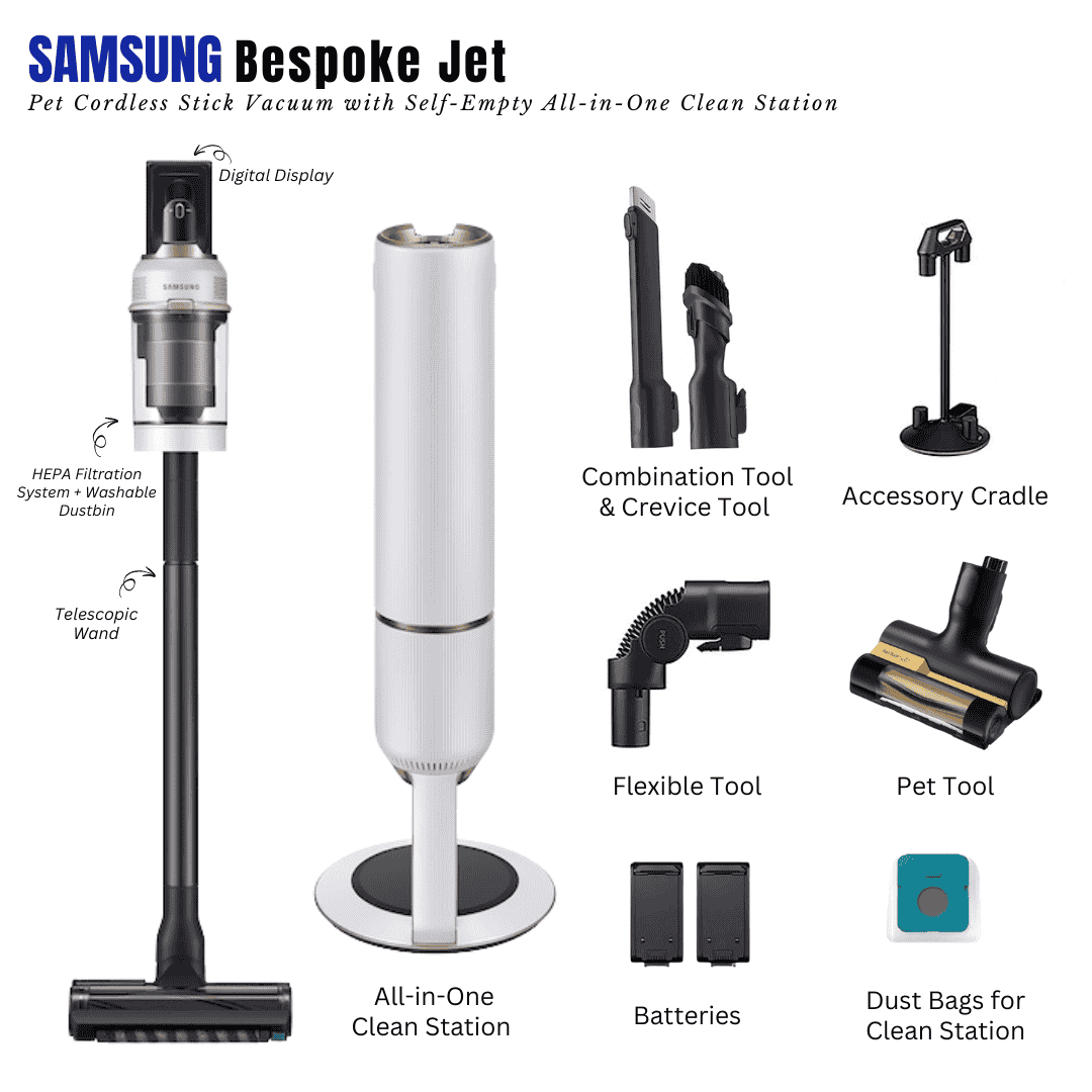 Samsung Bespoke Jet Pet Cordless Stick Vacuum Cleaner with Self-Empty All-in-One Clean Station