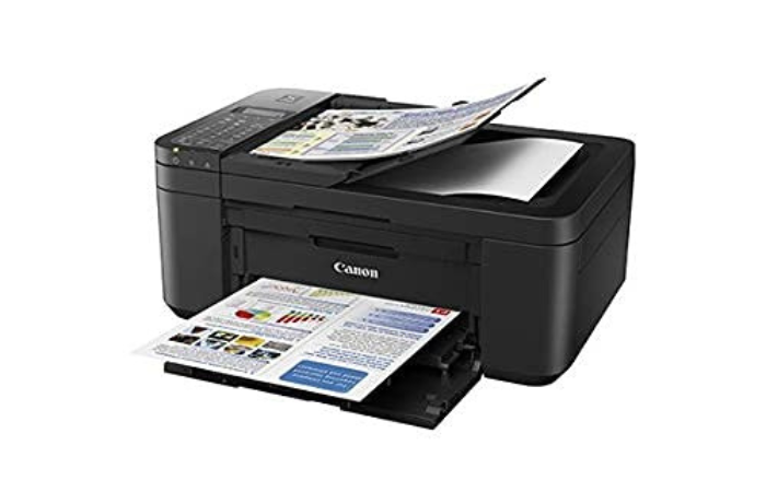 Image of a Canon PIXMA TR4522 printer, showcasing its compact design and black-and-white color scheme