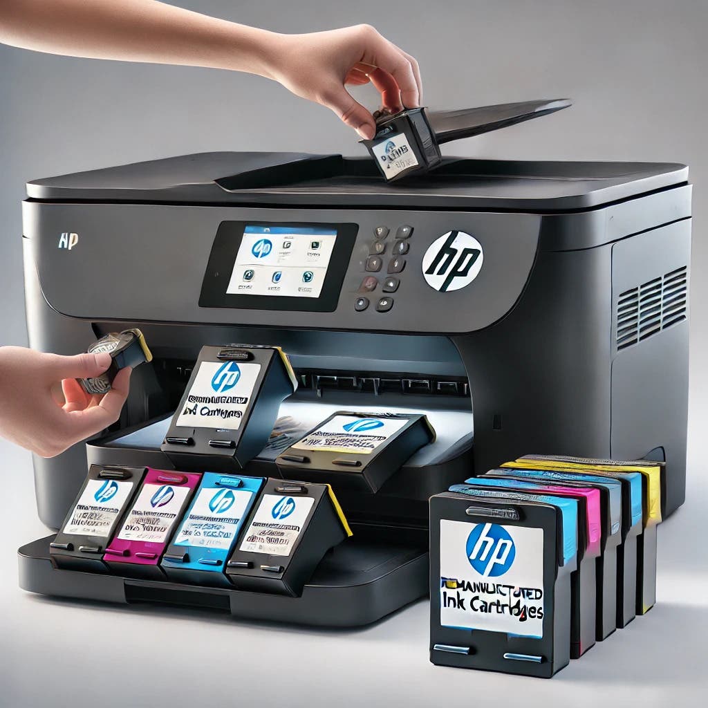 An HP printer with remanufactured ink cartridges being inserted.