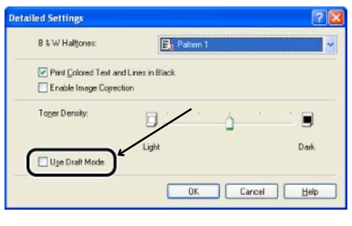 The image displays a computer screen showing a printer's "Detailed Settings" dialog box with an option highlighted for "Use Draft Mode," indicating a feature to print documents using less ink.