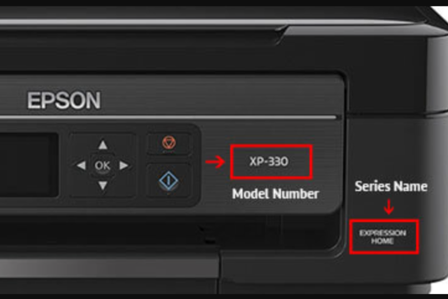 Black Epson printer highlighting the printer model type and number