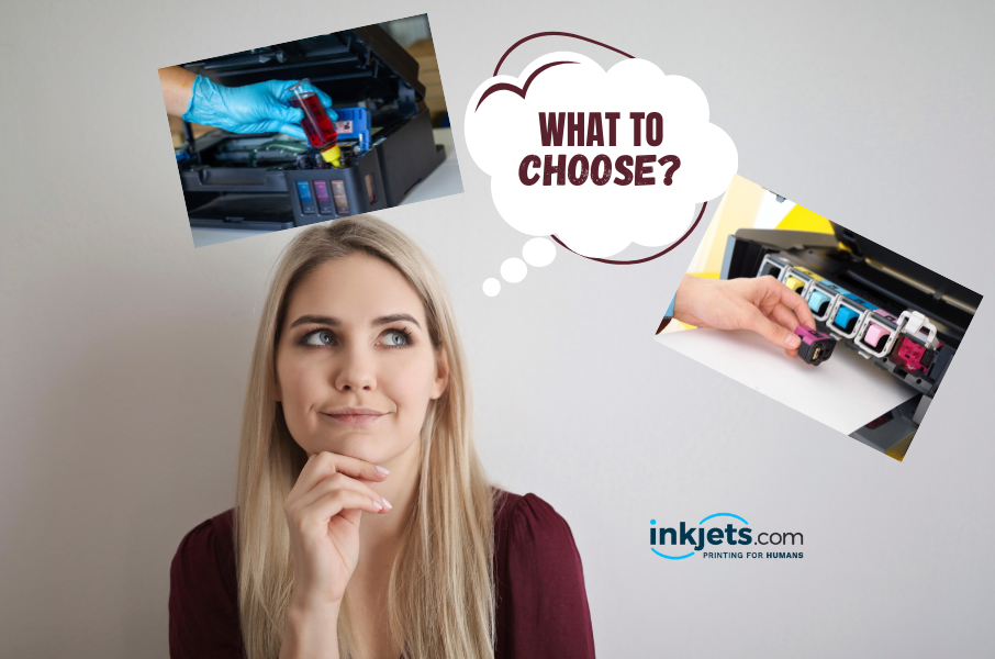 person choosing between refilling and replacing ink cartridges