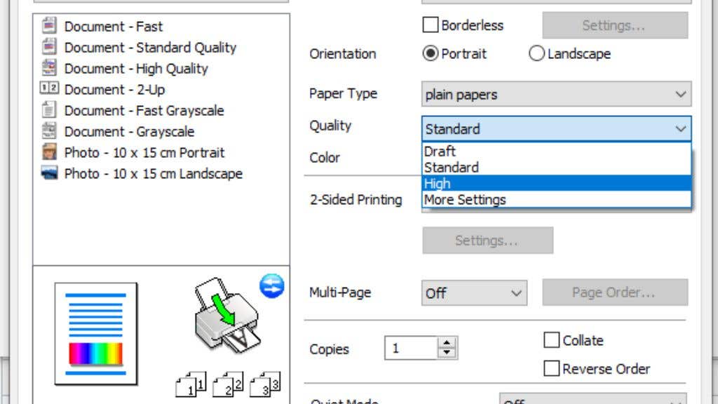 Image of printer settings