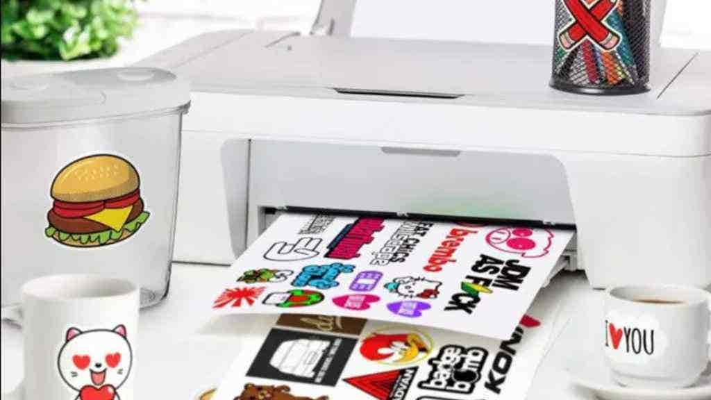 White printer with stickers
