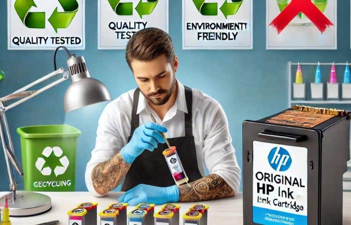 technician working on remanufactured HP ink cartridge