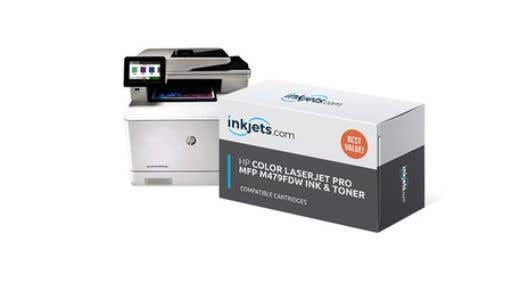 white HP printer with inkjets.com ink cartridge box