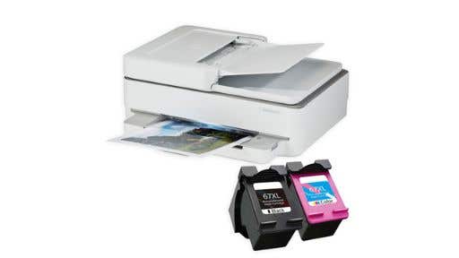 white HP printer with ink cartridges