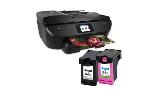 black HP printer with ink cartridges