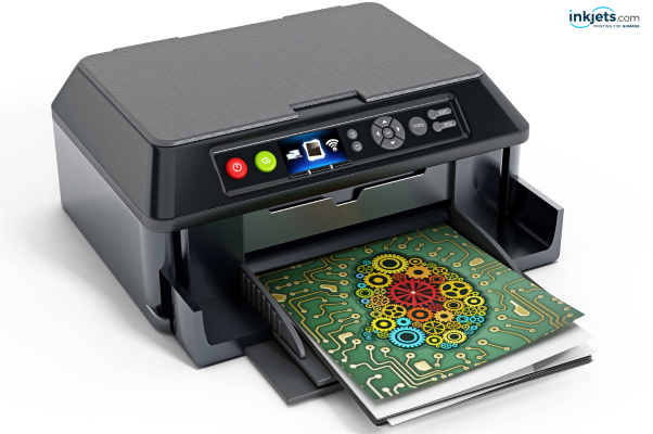image of black inkjet printer with colorful printout