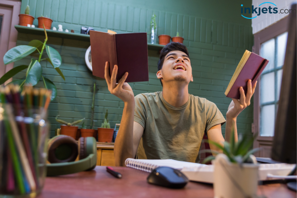 student memorizing from textbooks